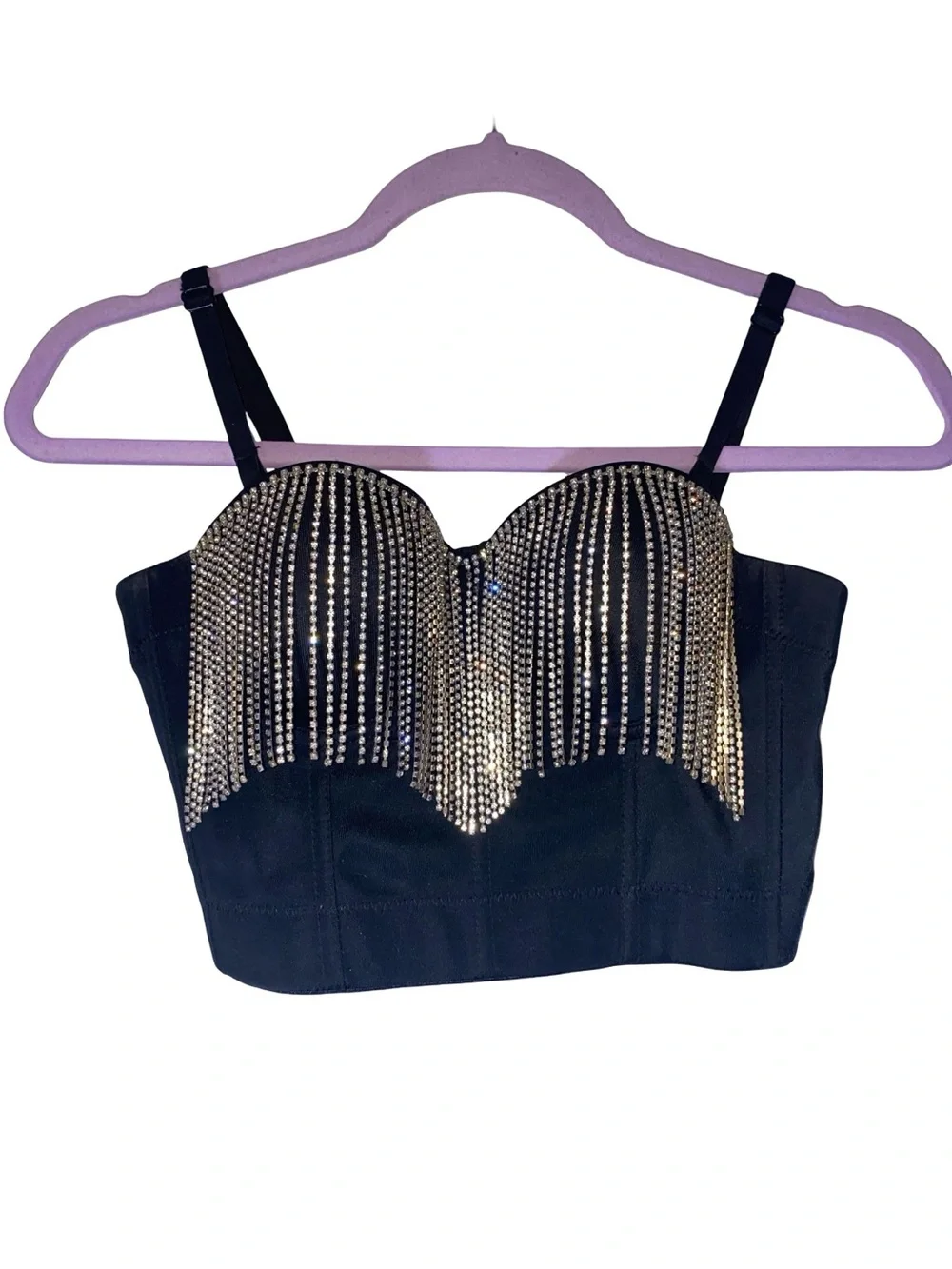 Sparkle & Shine Rhinestone Fringe Bustier Crop Top Black Sequin Diamond corset - Picture 2 of 5